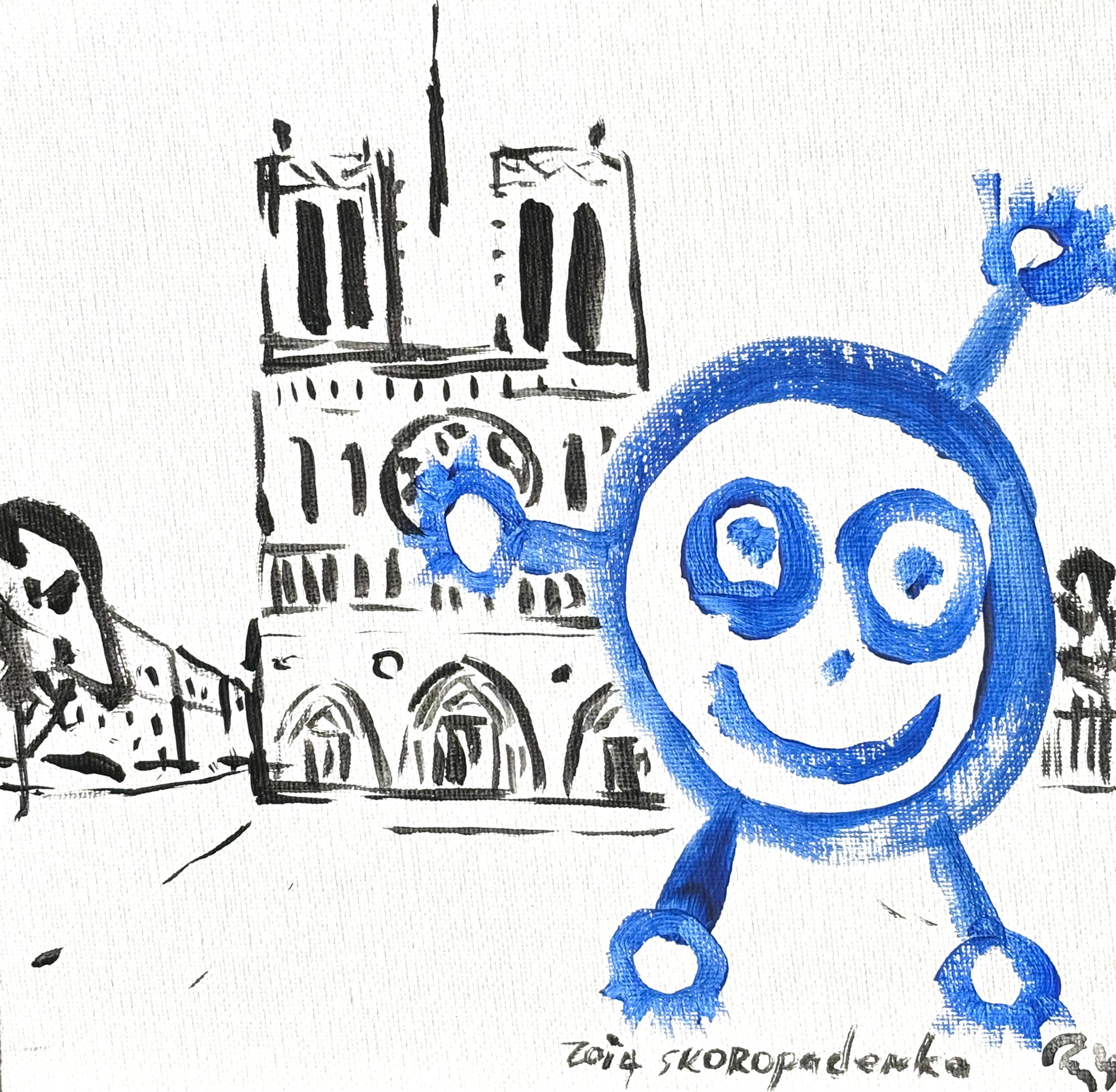 Original painting of a blue round figure in front of a black drawing of the west front of Notre-Dame, signed Zoia Skoropadenko